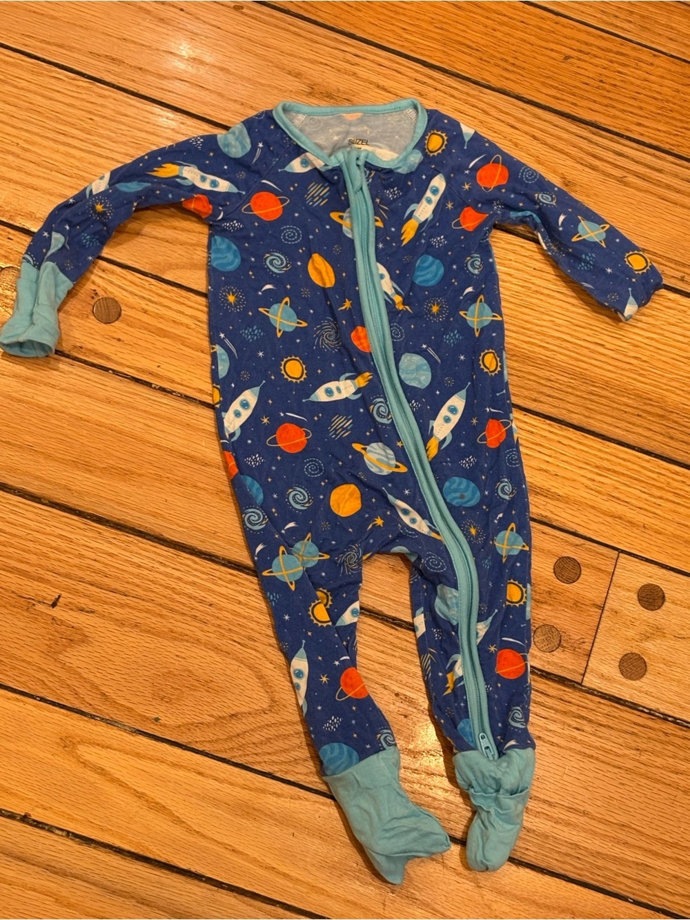 Suzel Blue Space Rocket Outer Space One-Piece Bamboo Sleeper 3-6 months baby